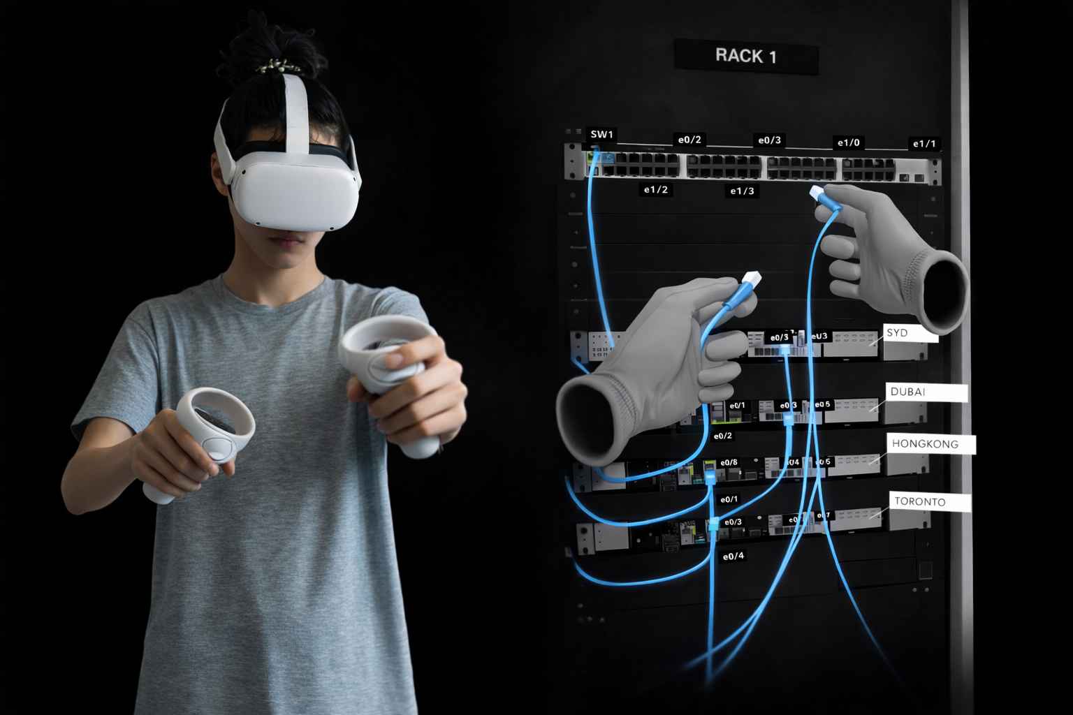 Personne utilisant un casque VR à côté d’une expérience immersive illustrant la rapidité de conception et l’optimisation des coûts proposées par une agence de réalité virtuelle
