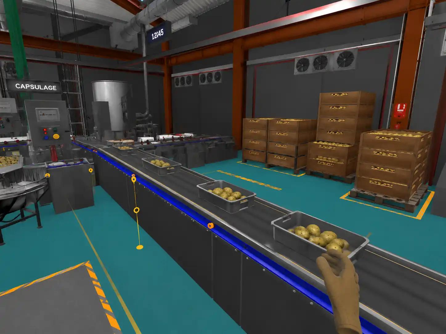 Simulation VR d’une usine agroalimentaire avec convoyeur de caisses pour la formation immersive et l’apprentissage industriel