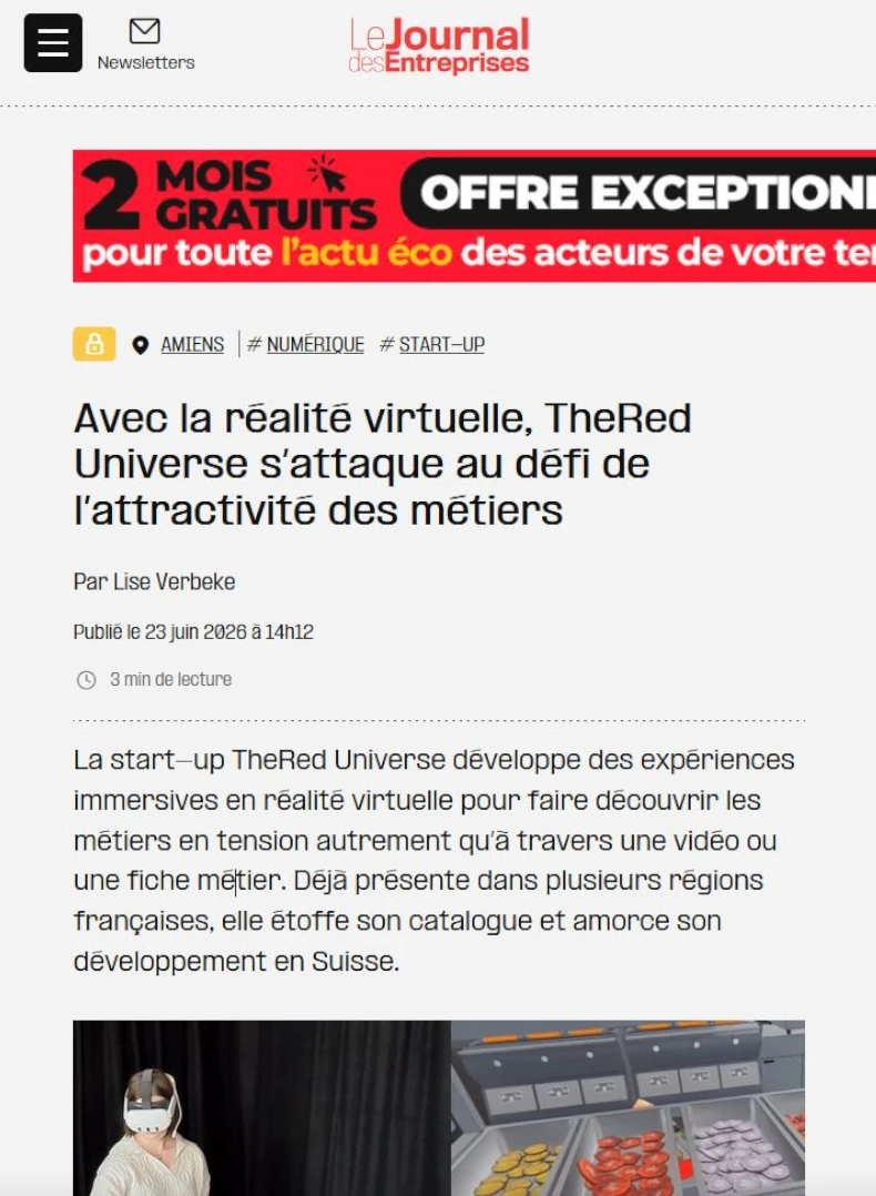 Capture d'écran de l'article du Journal des Entreprises présentant TheRed Universe, entreprise de réalité virtuelle spécialisée dans la découverte immersive des métiers en tension.
