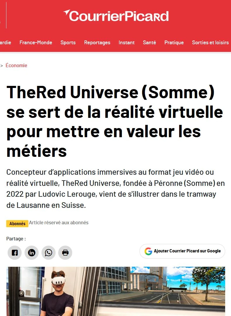 Capture d’écran de l’article du Courrier Picard sur TheRed Universe qui utilise la réalité virtuelle pour faire découvrir et valoriser les métiers