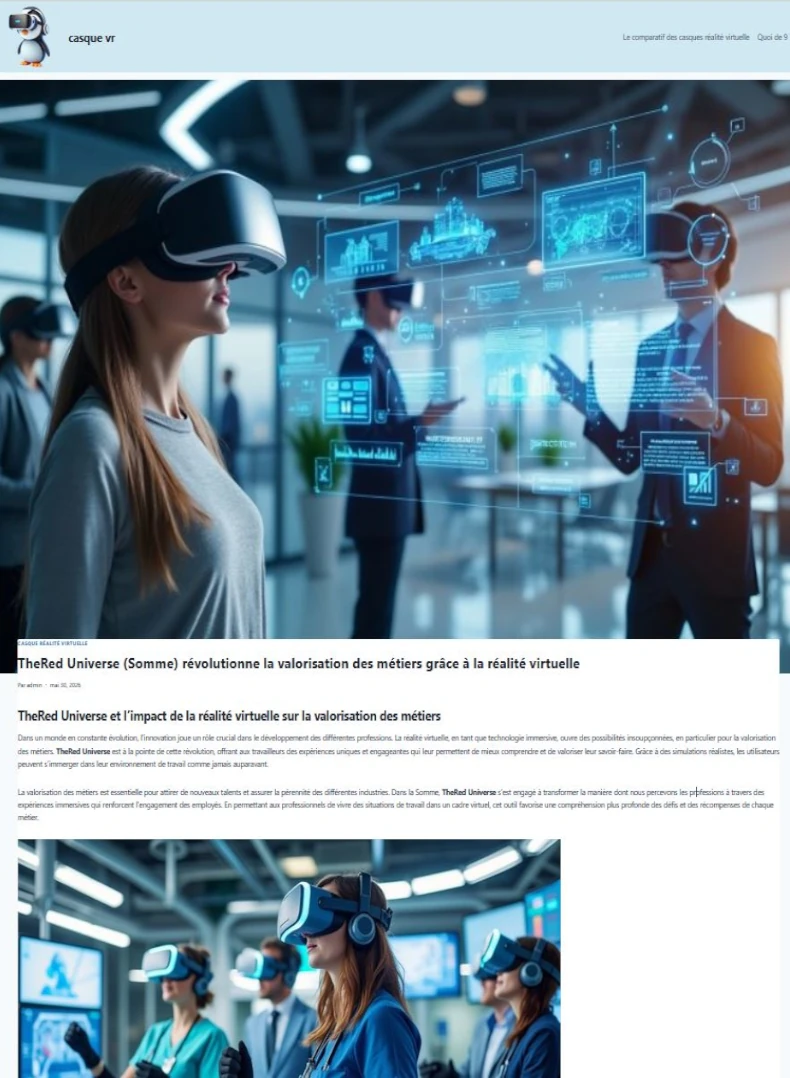 Capture d’écran de l’article web du blog Casque VR présentant les solutions de réalité virtuelle développées par TheRed Universe pour valoriser les métiers
