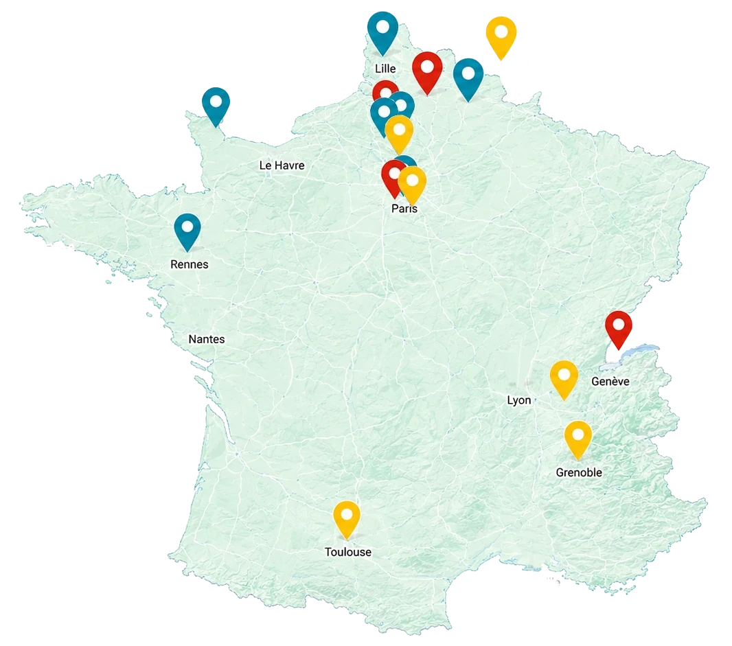 Carte de France des implantations de TheRed Universe, entreprise de réalité virtuelle spécialisée dans la conception d'expériences immersives pour les entreprises, organismes de formation et des Missions Locales avec les projets réalisés, les abonnements validés et les déploiements en cours.