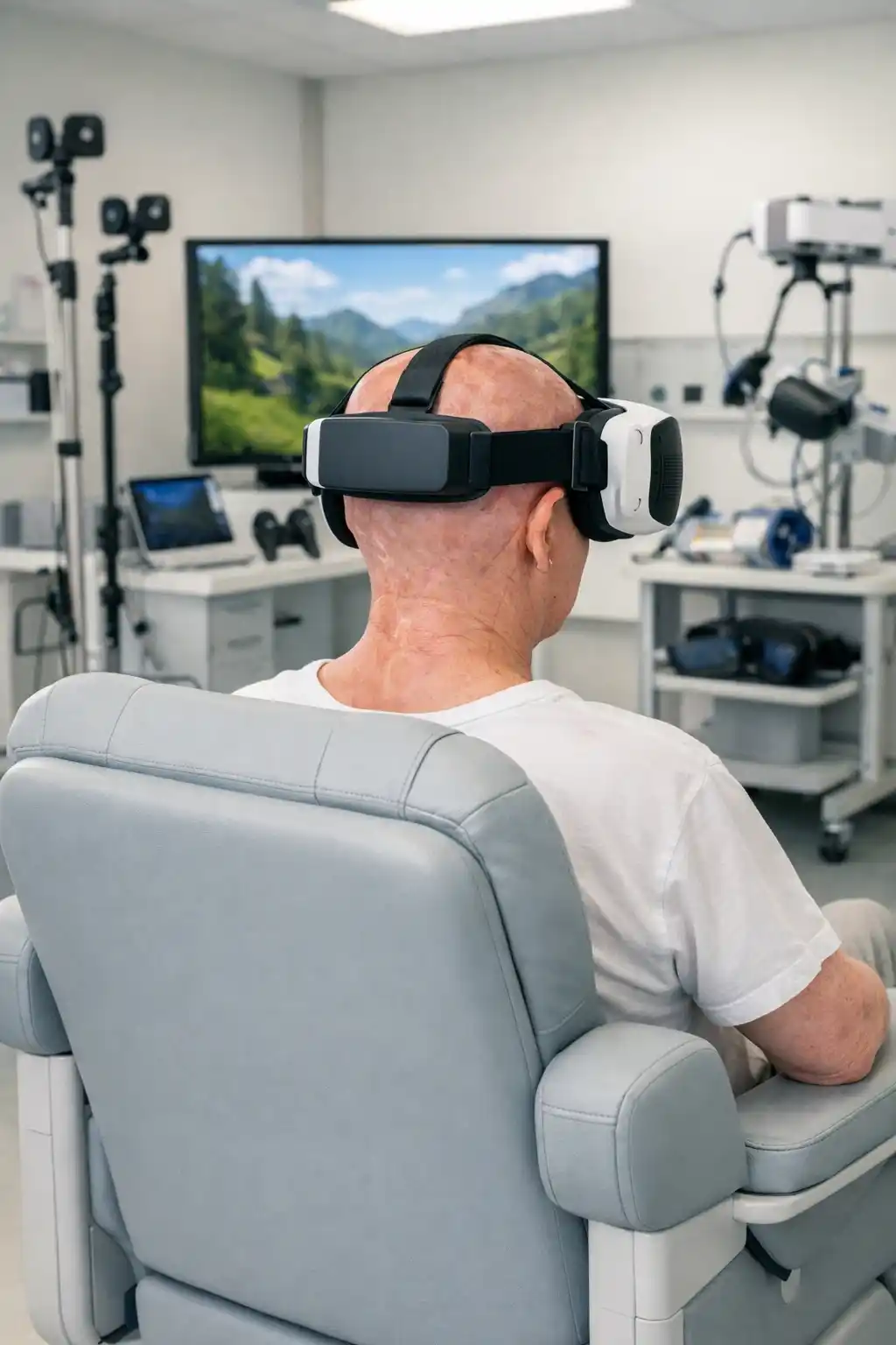 Patient grand brûlé portant un casque de réalité virtuelle pendant un soin, illustrant le projet SnowWorld et l'utilisation de la VR pour réduire la douleur.