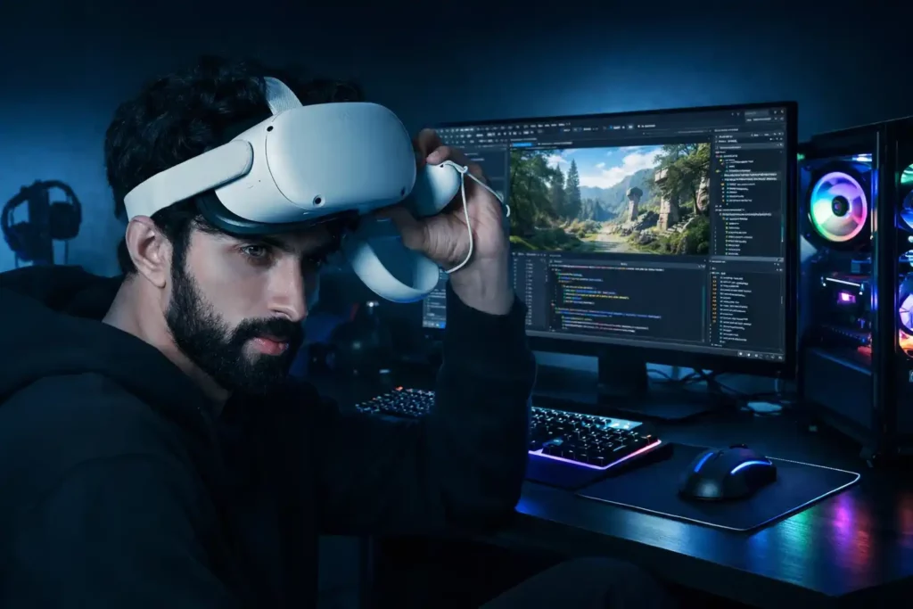 Développeur travaillant sur un ordinateur tout en portant un casque de réalité virtuelle, illustrant la conception d'une application VR destinée au secteur de la santé.