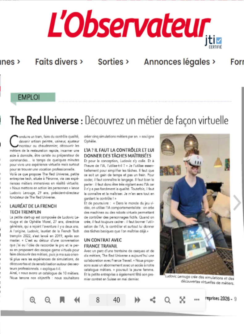 Article de L'Observateur consacré à TheRed Universe, évoquant son développement après French Tech Tremplin, son utilisation de l'IA et son partenariat avec France Travail autour des abonnements en réalité virtuelle.