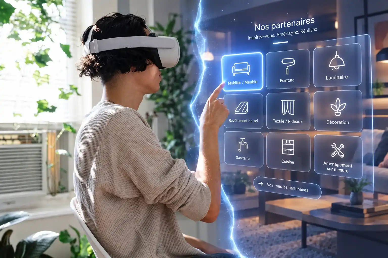 Interface virtuelle permettant de choisir des produits et partenaires pour aménager un futur logement