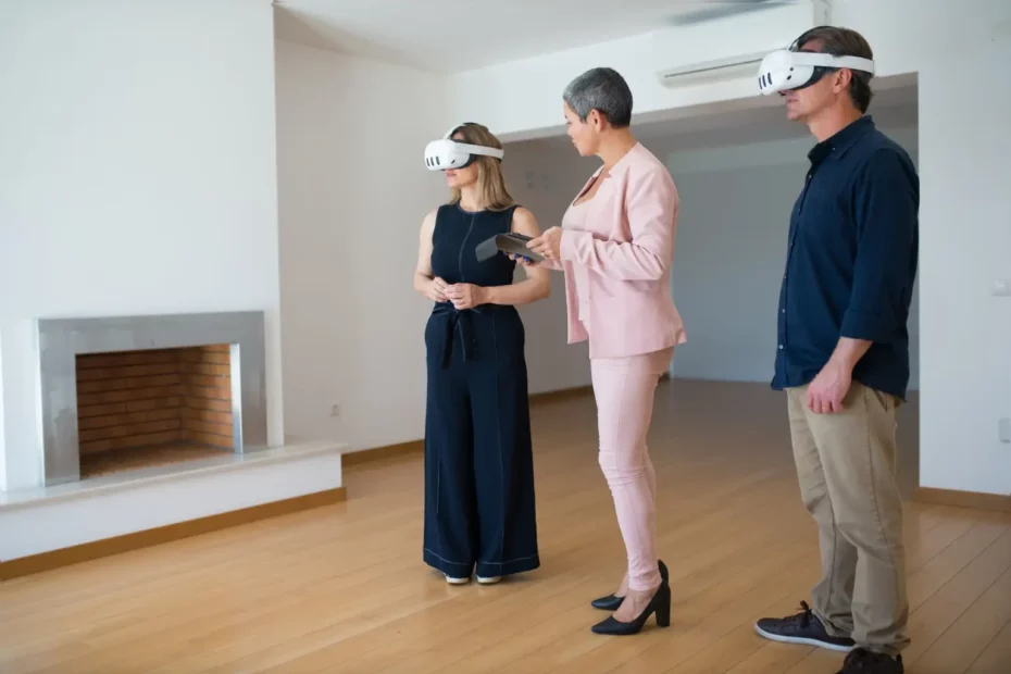 Conseillère immobilière personnalisant un environnement virtuel avec un couple à l’aide d’une tablette