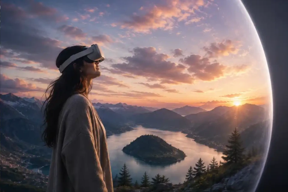 Femme immergée dans un environnement virtuel pour découvrir et choisir une future destination de vacances