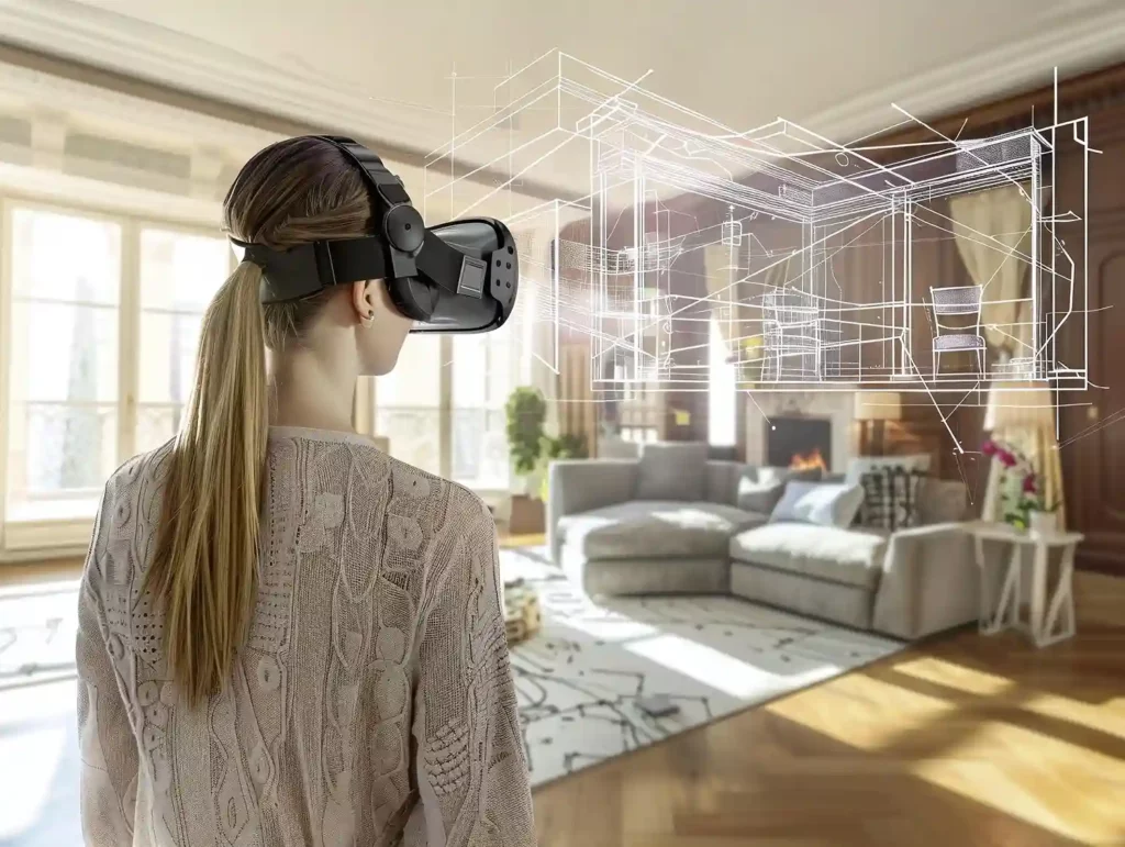 Femme utilisant un casque VR avec des éléments numériques superposés à son environnement pour illustrer la réalité mixte