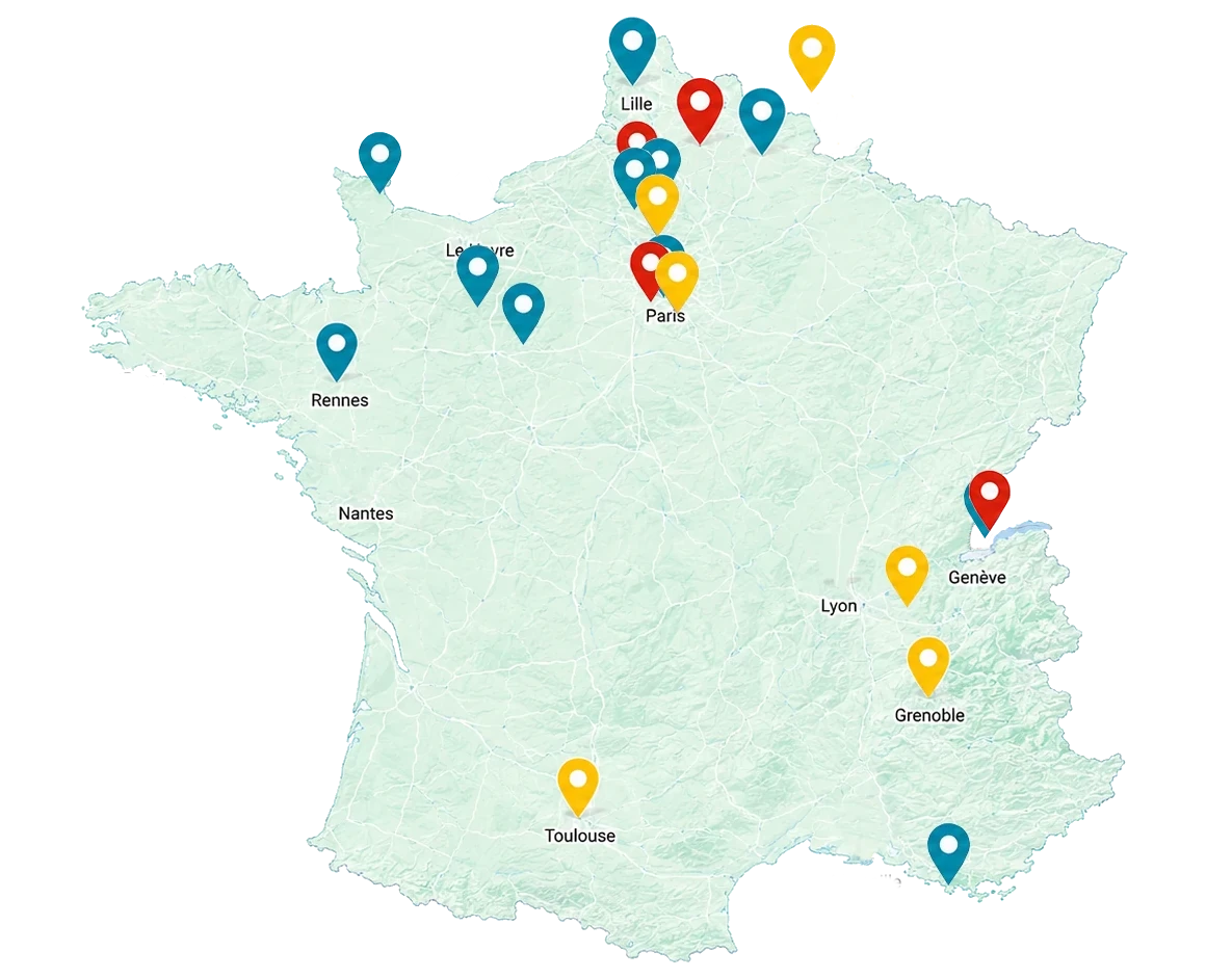 Carte de France des implantations de TheRed Universe, entreprise de réalité virtuelle spécialisée dans la conception d'expériences immersives pour les entreprises, organismes de formation et des Missions Locales avec les projets réalisés, les abonnements validés et les déploiements en cours.