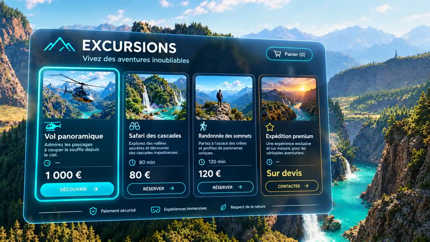 Paysage virtuel en 3D présentant différentes excursions à découvrir, avec leurs tarifs respectifs, permettant aux visiteurs de choisir leur expérience touristique en réalité virtuelle.