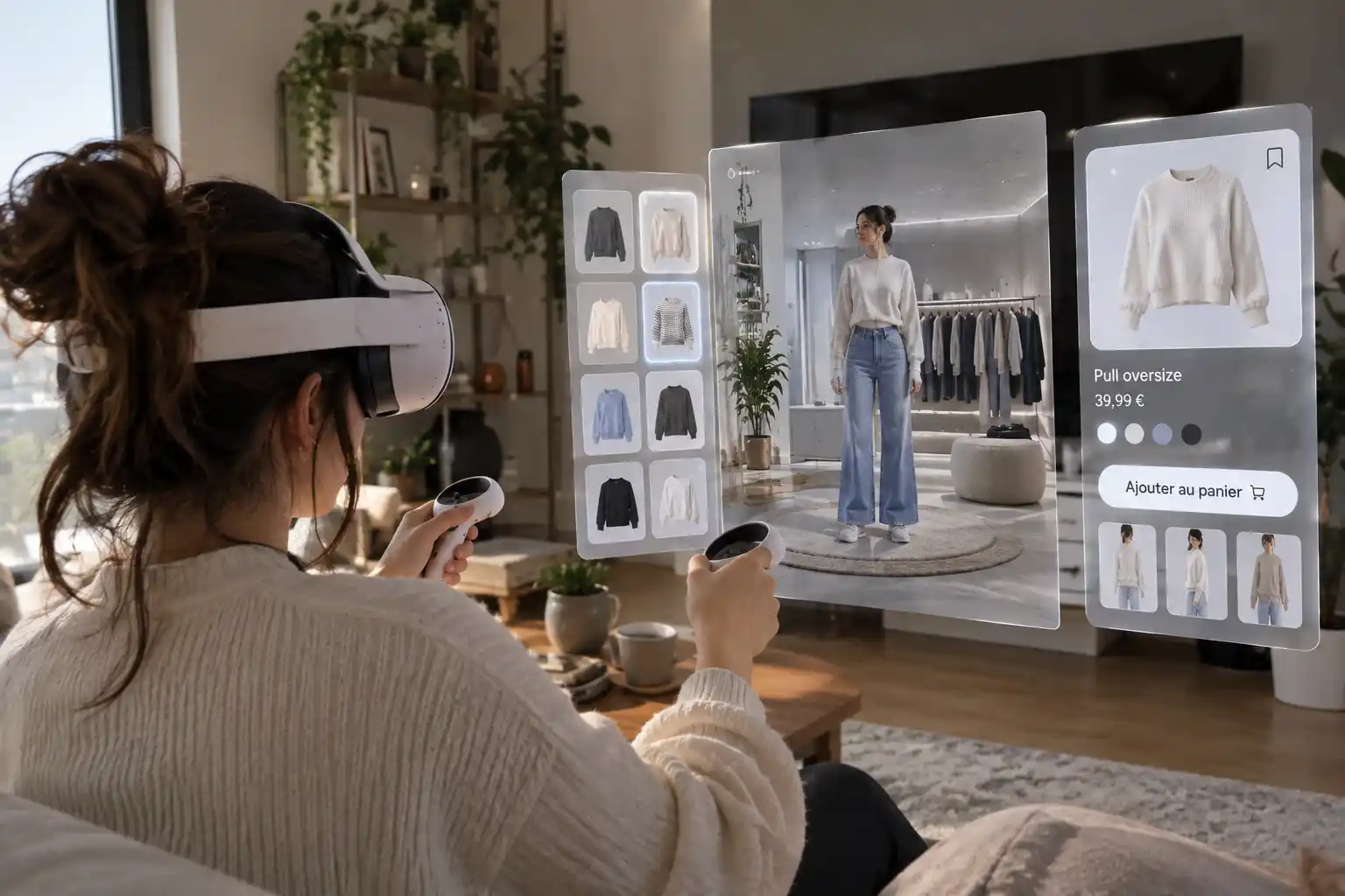 Femme utilisant une boutique virtuelle pour choisir des vêtements, avec son avatar visible à l’écran afin de visualiser les tenues avant l’achat.