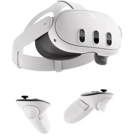 Casque de réalité virtuelle avec ses manettes, présenté sur un fond neutre pour illustrer le matériel disponible à la location.